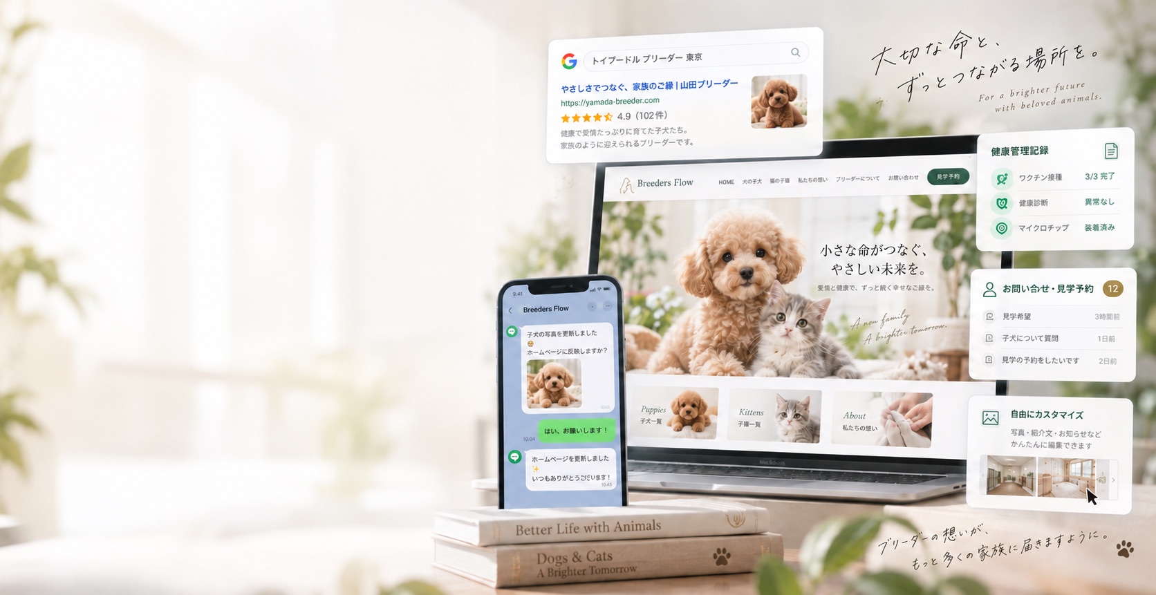 Breeders Flowで作るホームページのイメージ（PC・スマホ・Google検索結果）